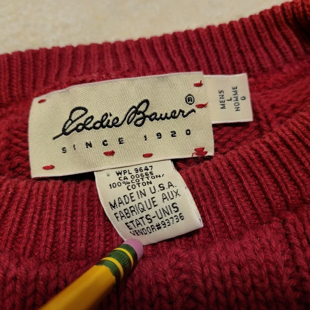 Vintage Eddie Bauer USA Made Red Knit Diamond Pattern Sweater Mens‎ Size L Large - Picture 2 of 7
